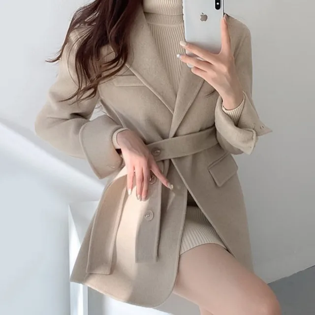 French Vintage Suit Neck Tie Waist Cardigan Khaki - Shop at LoveMi