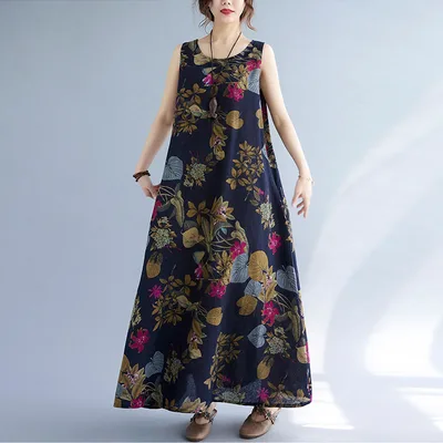 Printed Cotton Linen Round Neck Sleeveless Dress Women's Navy - Shop at LoveMi