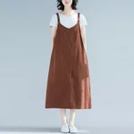 Literary Loose Stitching Solid Colour Cotton And Linen Strap Dress - Coffee