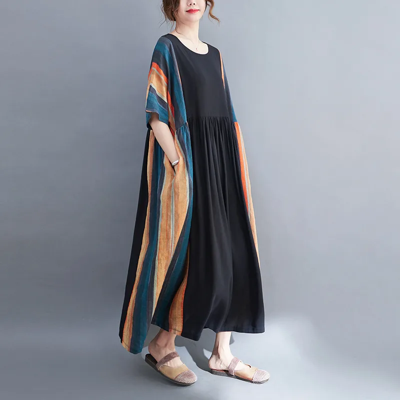 Round Neck Short Sleeve Striped Panel Swing Dress Black - Shop at LoveMi