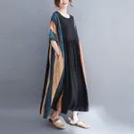 Round Neck Short Sleeve Striped Panel Swing Dress - Black