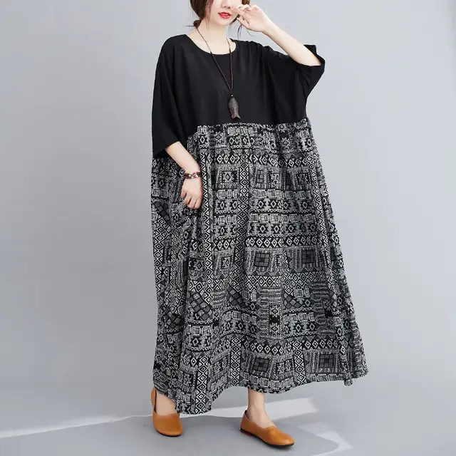 Plus Size Loose Colorblock Cotton Linen Short Sleeve Dress Multicolor - Shop at LoveMi