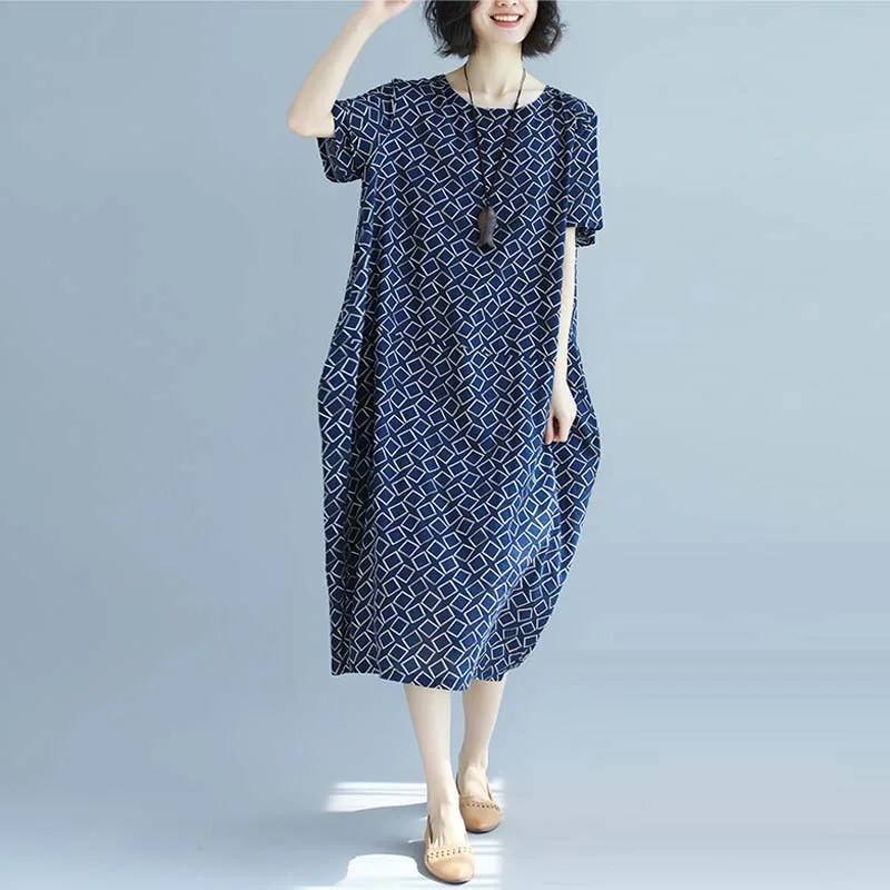 Plus Size Loose Cotton Linen Print Crew Neck Short Sleeve Dress Blue - Shop at LoveMi