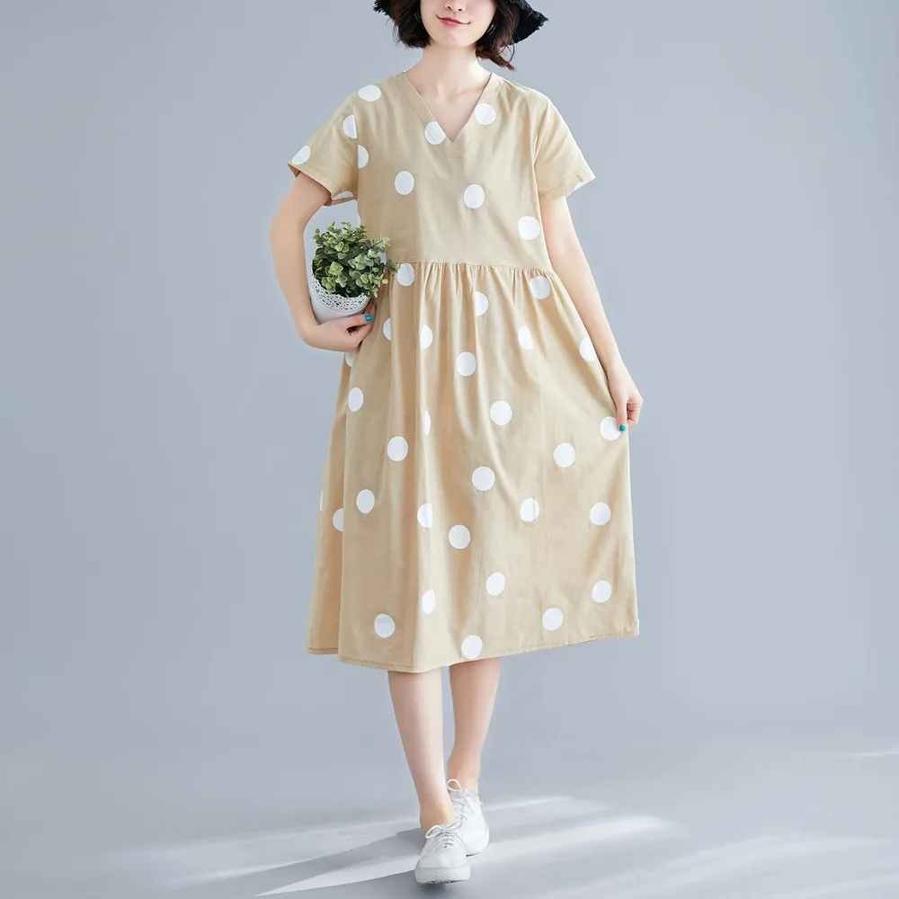 Dot Print Cotton Linen V Neck Short Sleeve Dress Apricot - Shop at LoveMi