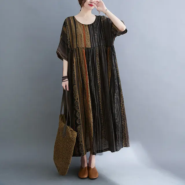 Round Neck Short Sleeve Swing Stripe Dress Coffee Stripes - Shop at LoveMi