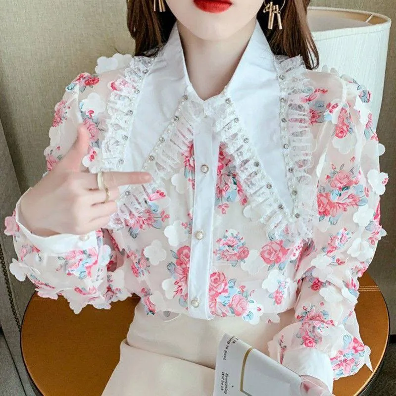 Korean Version Sweet Shirt Female Doll Collar Petals Super Fairy Chiffon Long Sleeves Pink - Shop at LoveMi