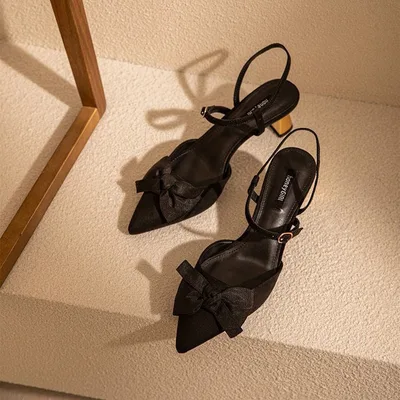 Women's New Pointed Toe Single Chunky Heel Toe Sandals Black - Shop at LoveMi