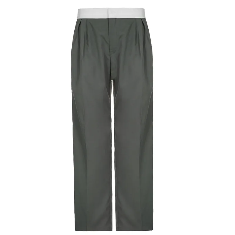 Casual Loose Straight Fit Colorblock Casual Woven Trousers - Grey