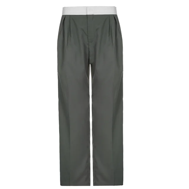 Casual Loose Straight Fit Colorblock Casual Woven Trousers Grey - Shop at LoveMi