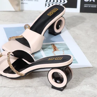 Square Head Rhinestone Toe Slip On Large Size High Heel Ladies Slippers Apricot - Shop at LoveMi