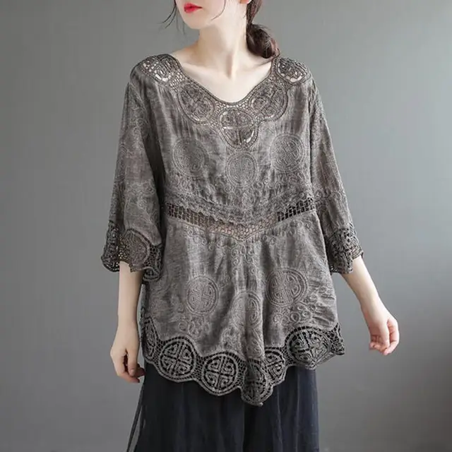 Summer Cotton New Artistic Retro Hollow out Three quarter Sleeve Women's Loose Western Style Youthful looking Large Size Top Gray - Shop at LoveMi