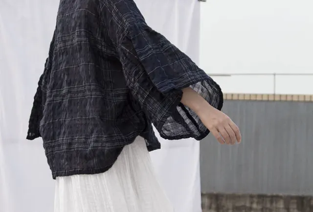 Spring And Summer Ramie Jacquard Hairline Rule Plaid Large Lotus Leaf Eight quarter Sleeve Loose Blouse Dark Blue - Shop at LoveMi