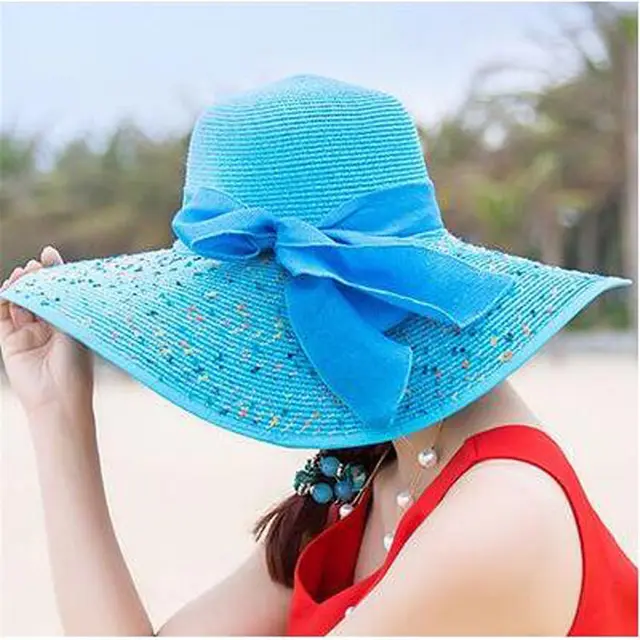 Beach Women's Sunscreen Large Brim Foldable Straw Hat Blue - Shop at LoveMi