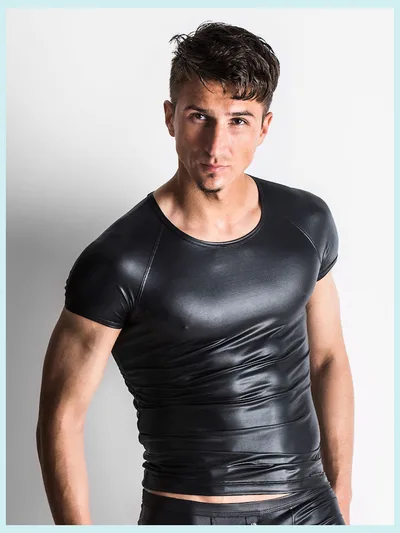 Men's Matte Leather T Shirt Tights Performance Clothes Nightclub Top - Shop at LoveMi