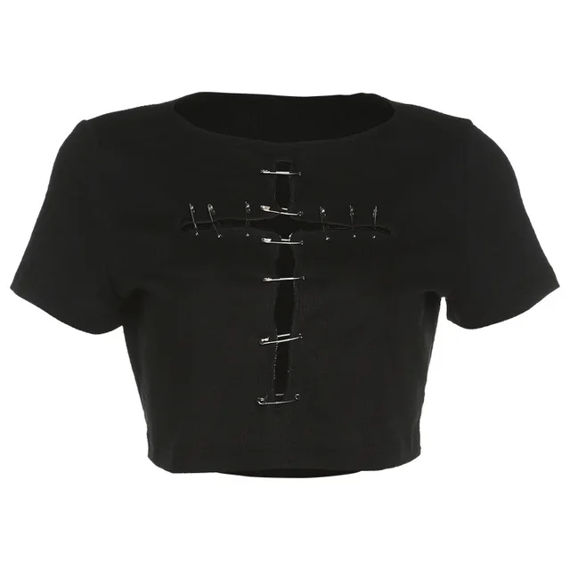 Women's Slim Cropped Navel Fashion Round Neck Hollow T shirt Women Black - Shop at LoveMi