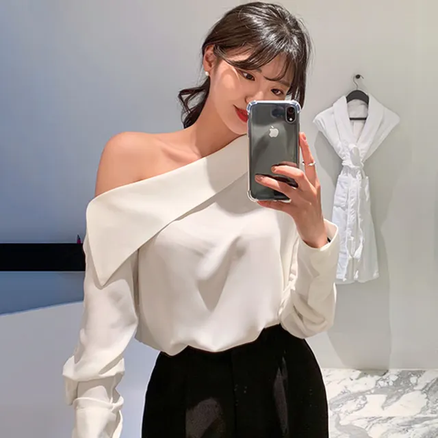 Women's Temperament Slanted Collar Loose Side Buttoned Shirt White - Shop at LoveMi