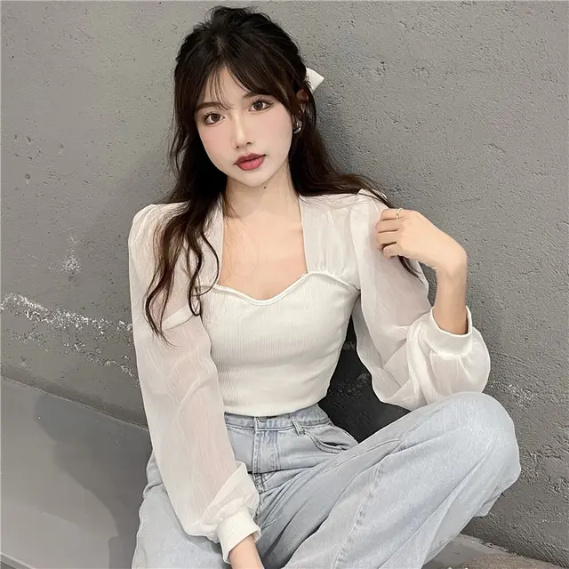New French Long Sleeve Square Neck Thin Retro Shirt White - Shop at LoveMi