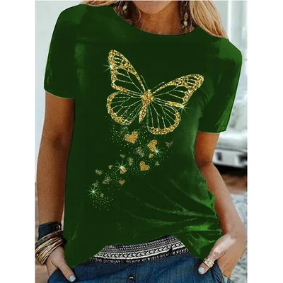 Butterfly Print Crew Neck Short Sleeve T Shirt Green - Shop at LoveMi