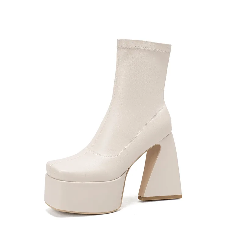 Thick Sole Shaped Heel Sleeve Low Top Square Toe Women's Boots Beige - Shop at LoveMi