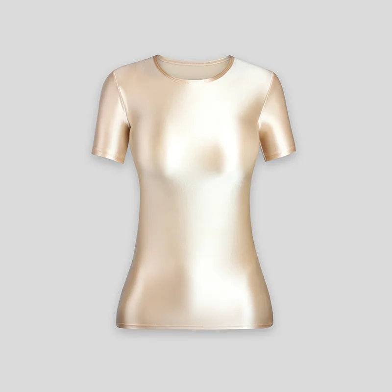 Women's Thin Spandex Short Sleeve Stretch Bottoming Shirt Apricot - Shop at LoveMi