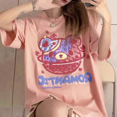 Women's Cotton Loose Foam Pattern Short Sleeve T shirt Pure Cotton Light Pink Planet - Shop at LoveMi