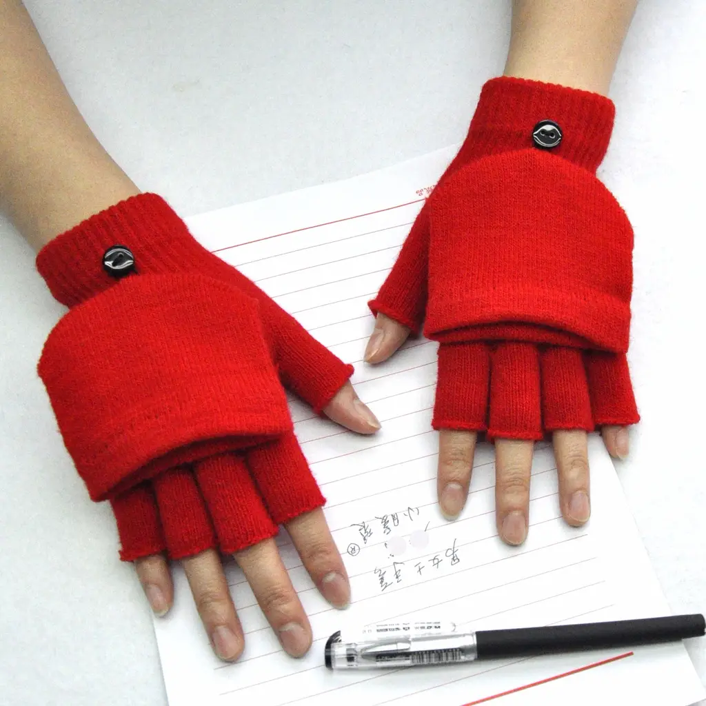 Five-finger Wool Knitted Student Writing Gloves - Red