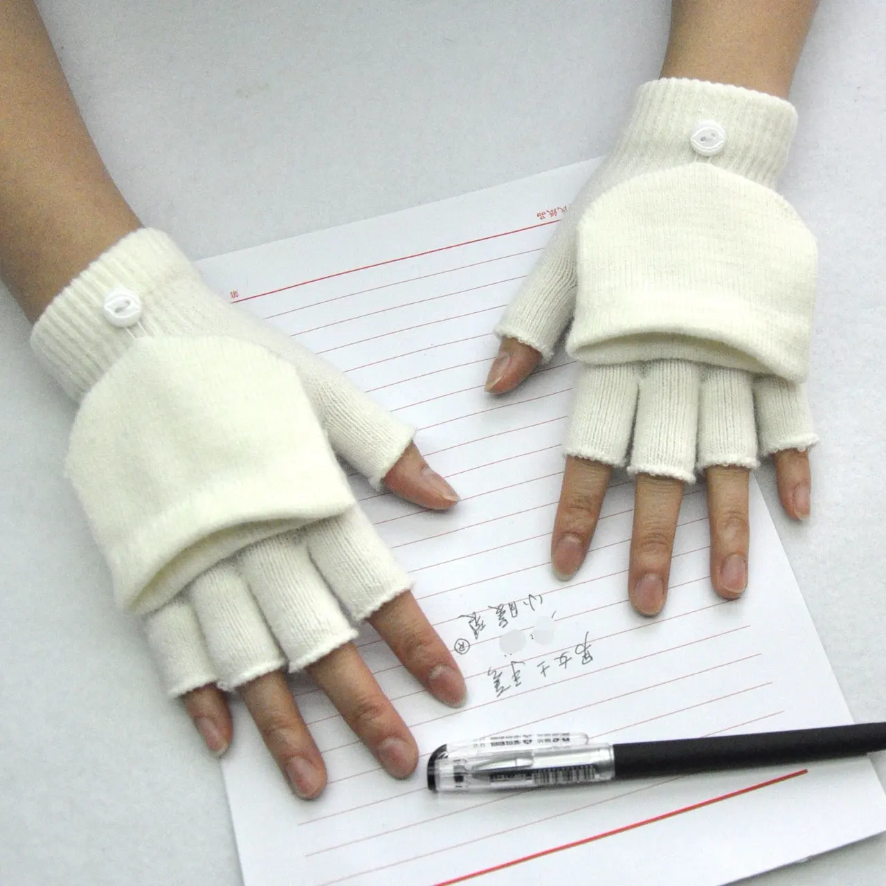 Five-finger Wool Knitted Student Writing Gloves - White