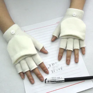 Five-finger Wool Knitted Student Writing Gloves - White