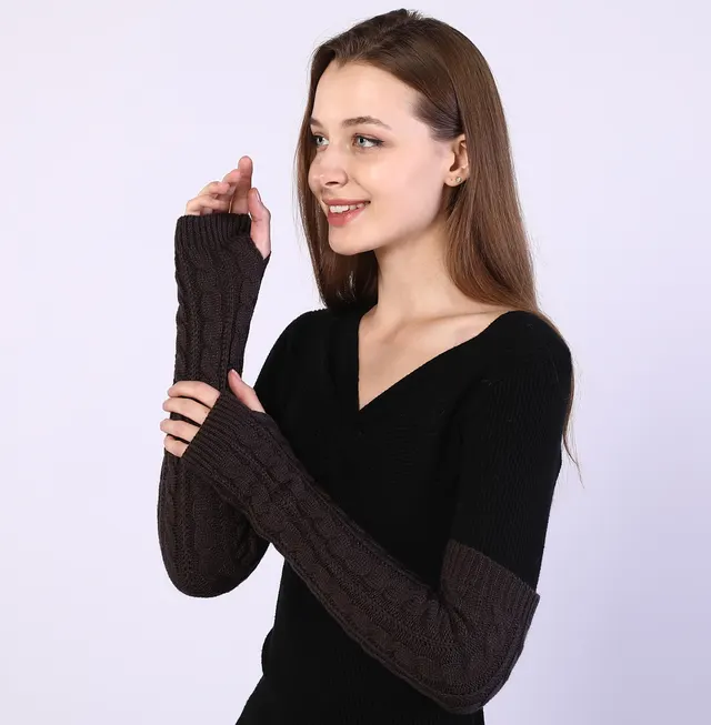 Twist Knit Warm Fingerless Sleeve Arm Cover Dark Grey - Shop at LoveMi