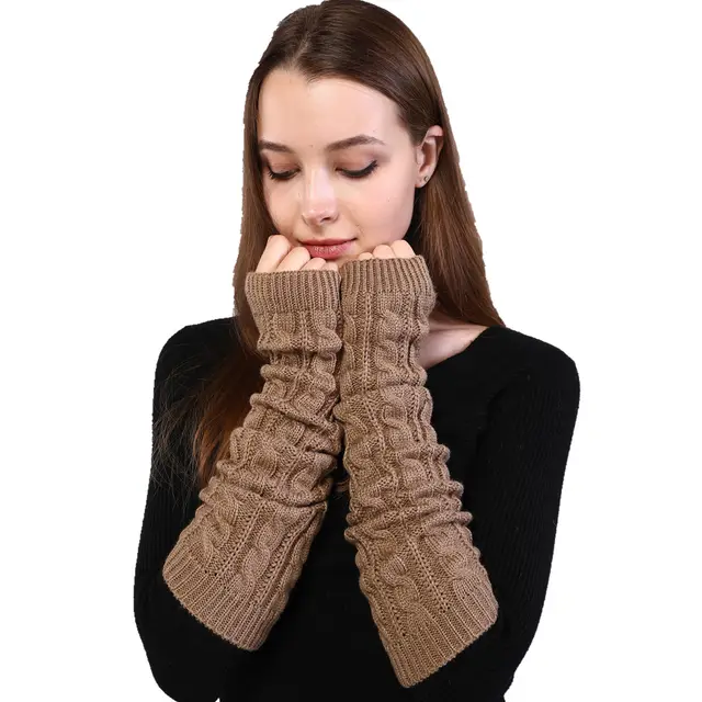 Twist Knit Warm Fingerless Sleeve Arm Cover Khaki - Shop at LoveMi