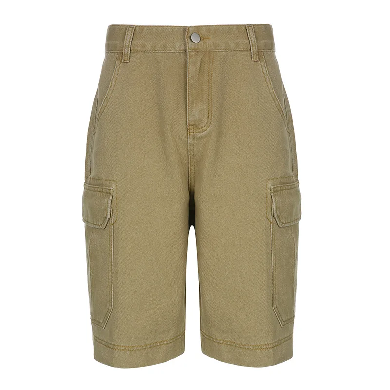 Workwear Retro High Waist Multi pocket Denim Casual Five point Pants Khaki - Shop at LoveMi