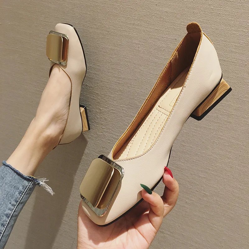 Women's Chunky Heel Shoes New Low Heel Shallow Mouth Square Toe Apricot - Shop at LoveMi