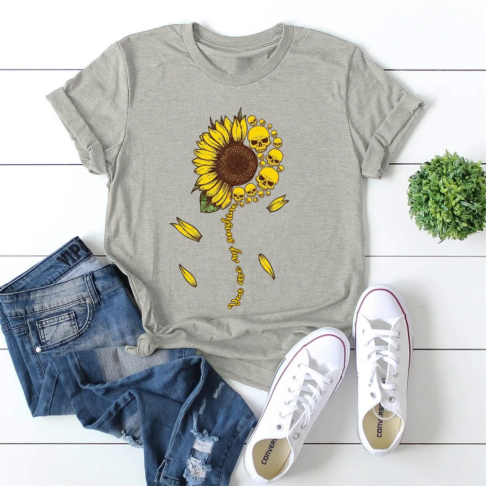 European And American Women's Clothing Loose Round Neck Chrysanthemum Short Sleeve Cotton T-shirt Women - Gray