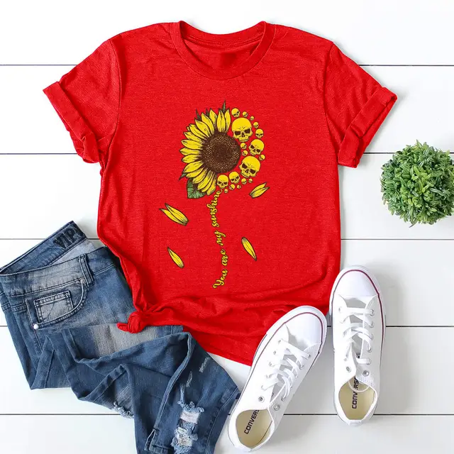 European And American Women's Clothing Loose Round Neck Chrysanthemum Short Sleeve Cotton T shirt Women Red - Shop at LoveMi