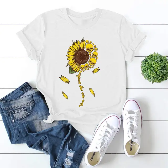 European And American Women's Clothing Loose Round Neck Chrysanthemum Short Sleeve Cotton T shirt Women White - Shop at LoveMi