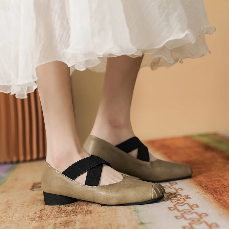Mary Jane Women's Chunky Heel Lace-up Ballet Flats - Milk Tea Colour-40