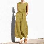 Solid Colour Crew Neck Loose Casual Jumpsuit - Yellow