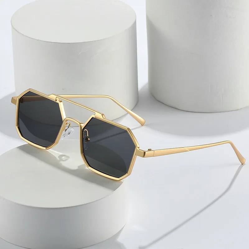 Top Bar Geometric Frame Fashion Glasses - Gold Frame Grey Sheet