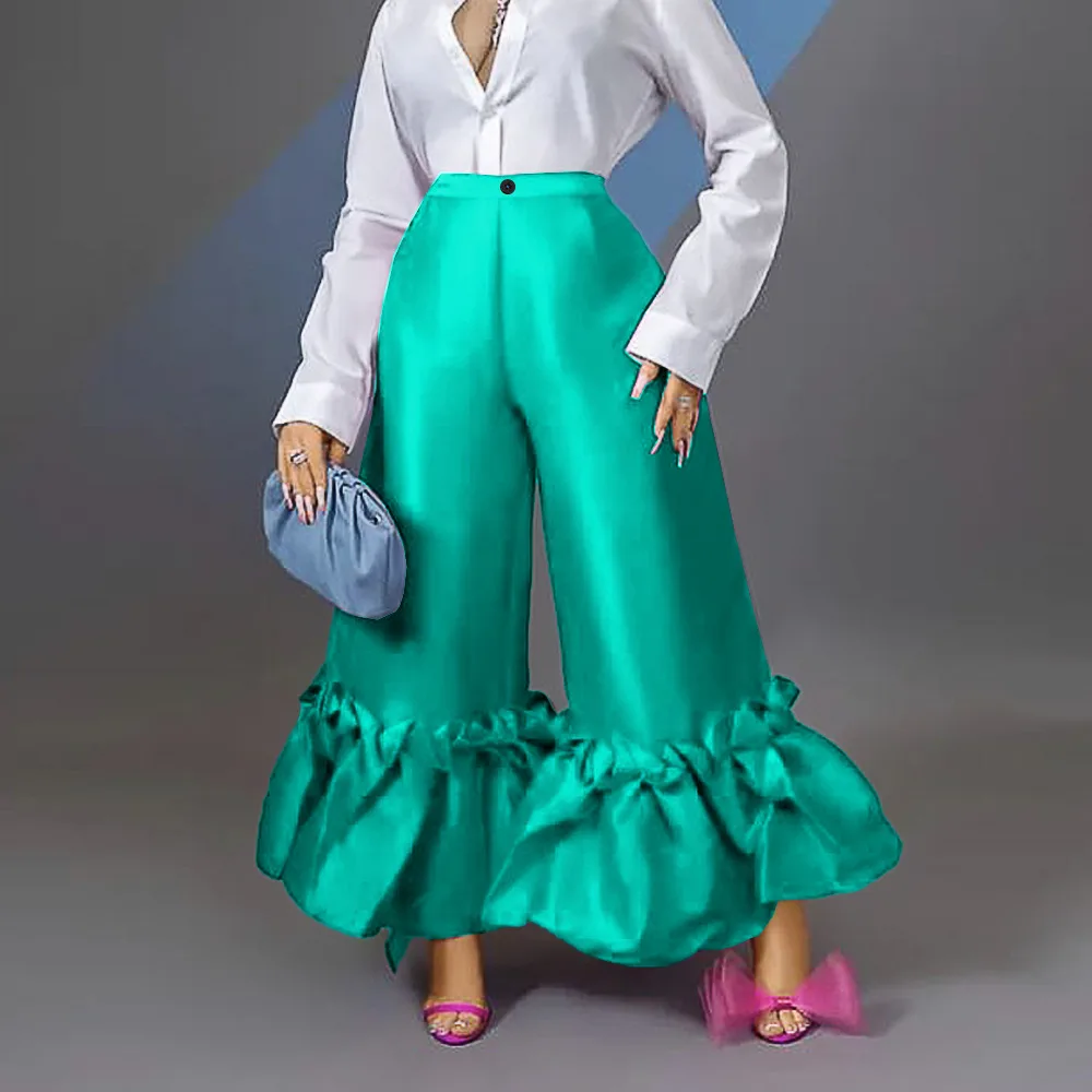 Women's High Waist Loose Ruffled Casual Wide Leg Pants Bluegreen - Shop at LoveMi