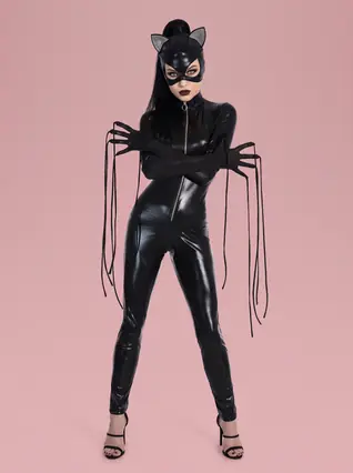 Faux Leather Cat Costume Bodysuit for Women - Black