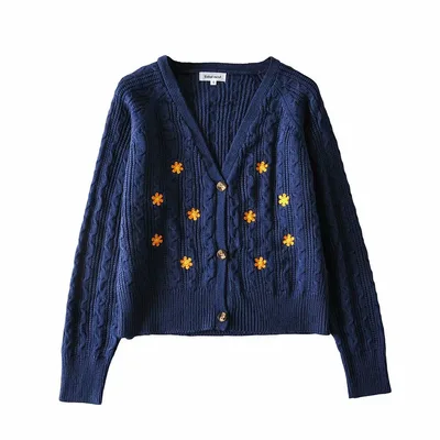 Women's Flower Embroidery Knitted Twist Cardigan Navy - Shop at LoveMi