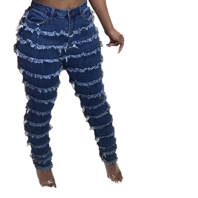 Women's Fashion Washed Fringe Skinny Stretch Jeans Dark Blue - Shop at LoveMi