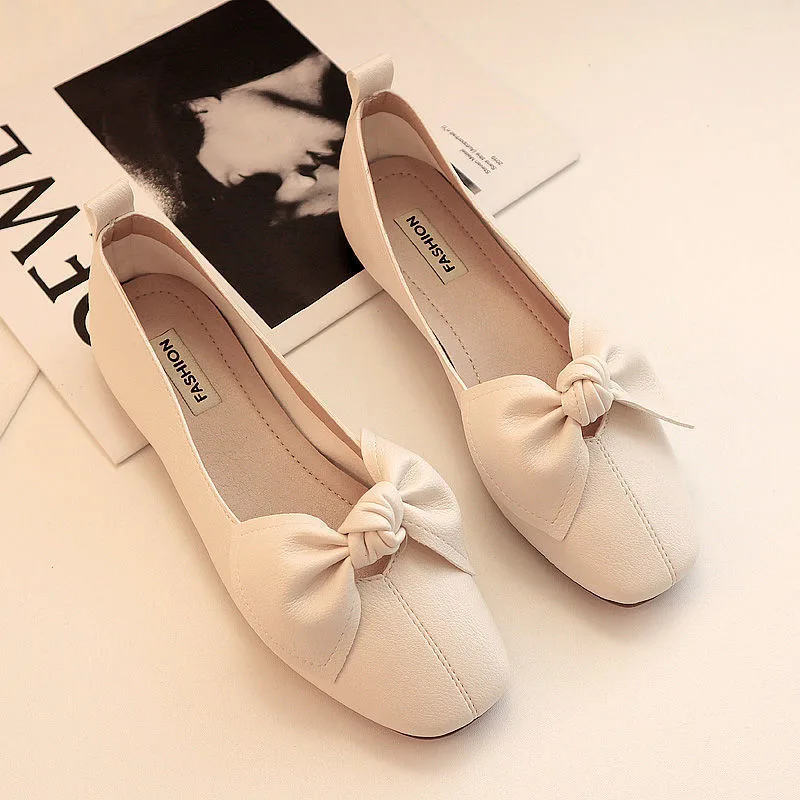 Women's Fashion Simple Shallow Bow Casual Shoes - Beige
