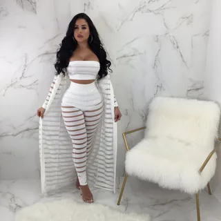 Women's Plus Size Fashion Sexy Lace Hollow Cloak Wrapped Chest Pants Suit - White
