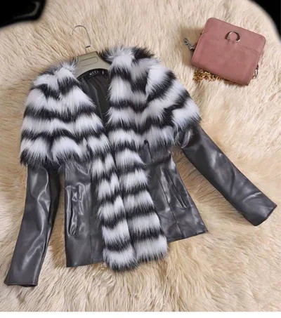 Faux Fur Slim Fit PU Leather Fluffy coat Black And White - Shop at LoveMi