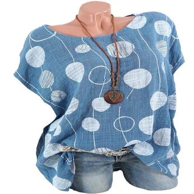 Women's T shirt Summer New Round Neck Printed Batwing Sleeve Pullover Top Blue - Shop at LoveMi