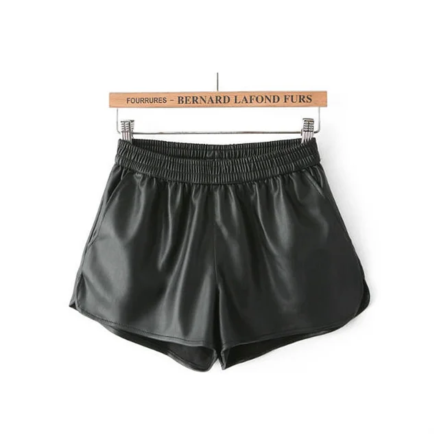 Women's PU Leather Elastic Waist Leather Casual Shorts Black - Shop at LoveMi