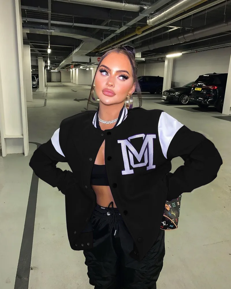 Solid Color Patchwork Letter Offset Baseball Jacket Black - Shop at LoveMi