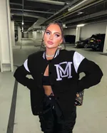 Solid Color Patchwork Letter Offset Baseball Jacket - Black