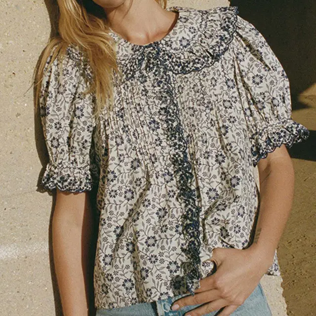 French Vintage Resort Ladies Print Ruffle Shirt White - Shop at LoveMi